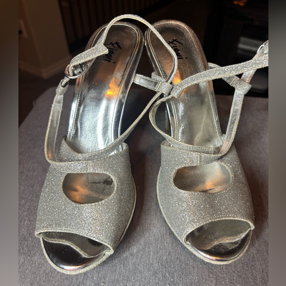 FIONI Night Glitter Sparkling Silver Open-Toe Heels Size 8 1/2